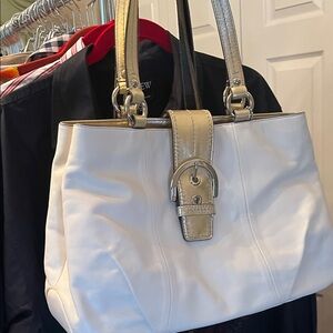 Elegant White and Gold Women's Coach Handbag